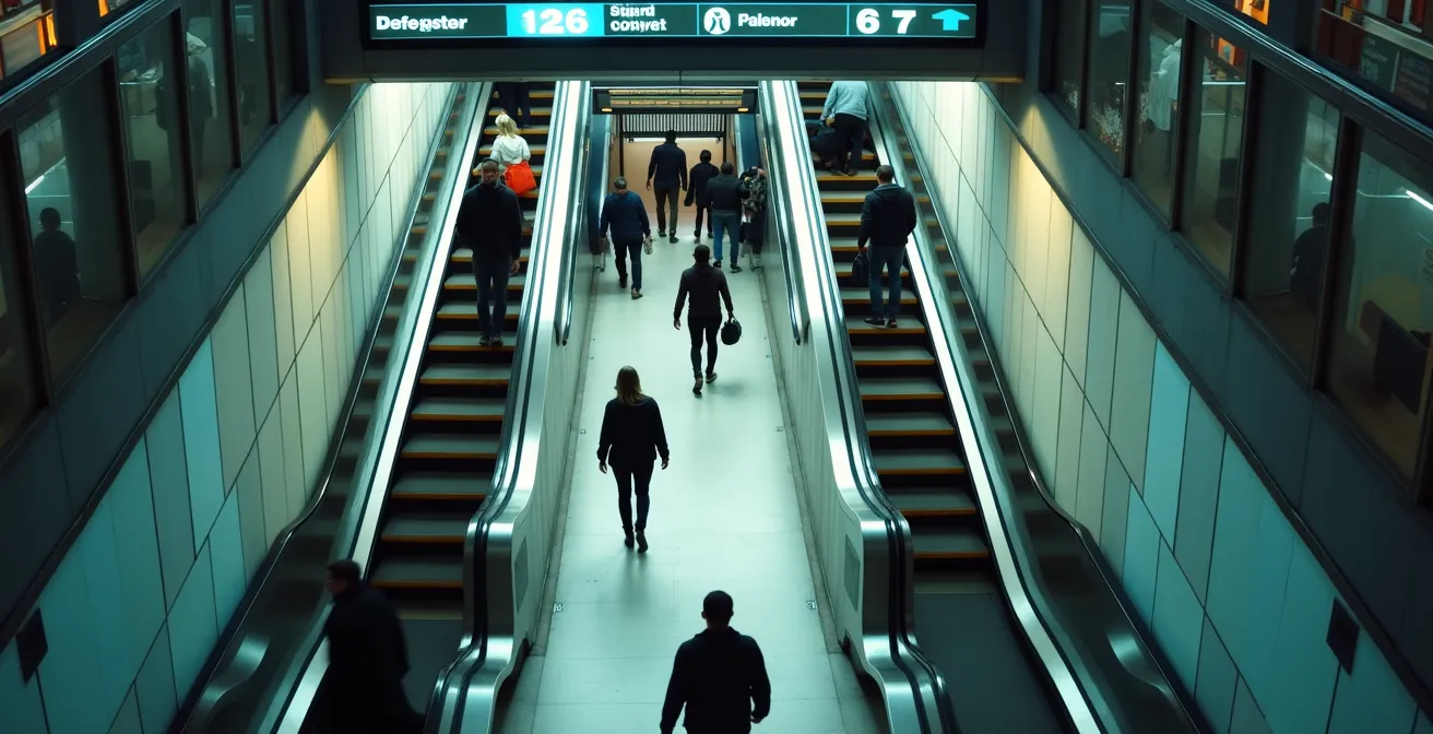 Vue en plongée de la station Berri-UQAM avec flux de passagers en mouvement