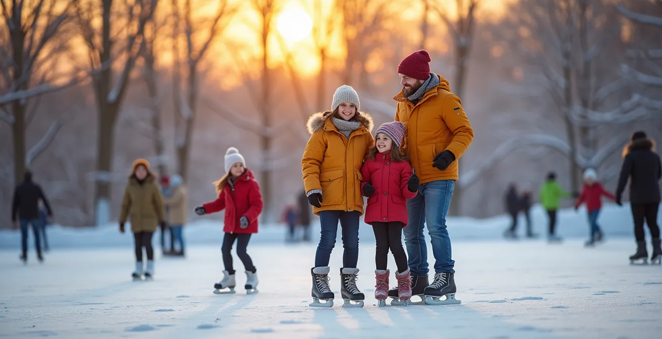 Scène hivernale au parc La Fontaine avec patineurs sur glace naturelle entourée d'arbres enneigés sous lumière dorée