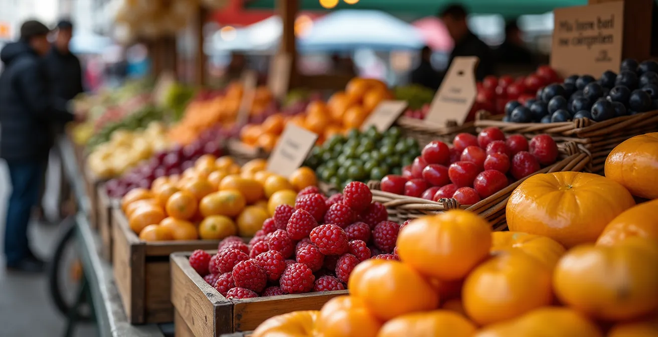 Étalages colorés du marché Jean-Talon avec produits locaux et visiteurs