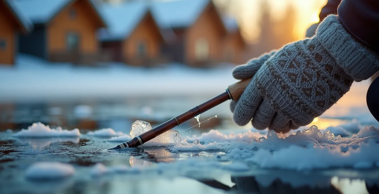 Famille pratiquant la pêche sur glace sur le fleuve Saint-Laurent en hiver