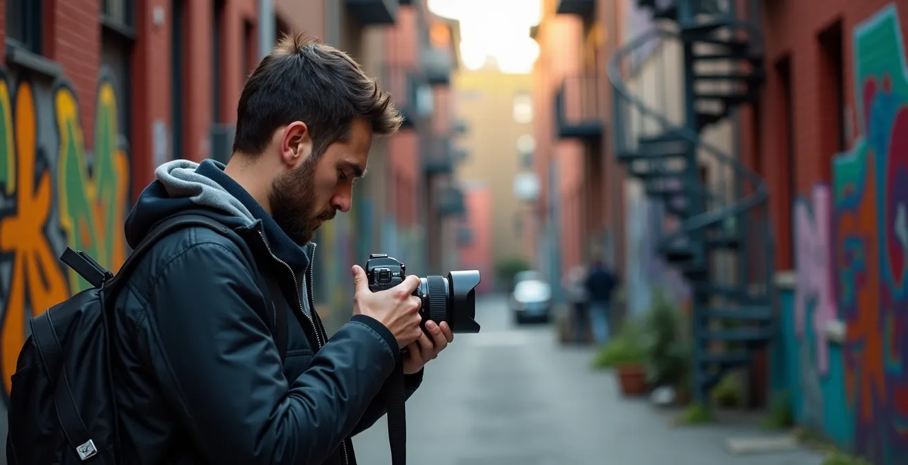 Photographe explorant les ruelles colorées du Plateau Mont-Royal avec son appareil photo