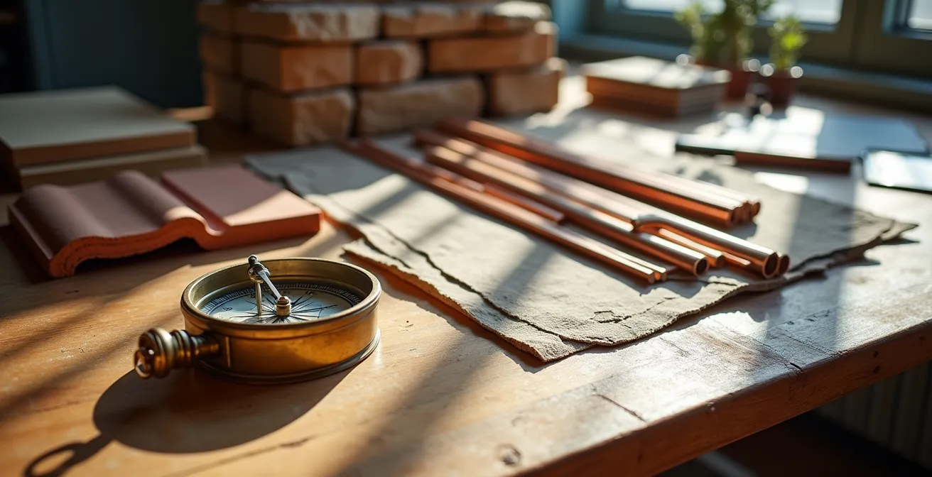 Vue aérienne d'une maison centenaire québécoise montrant les zones de rénovation par phases