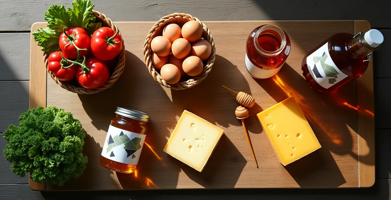 Composition visuelle montrant cinq types de produits locaux représentant un portfolio alimentaire diversifié