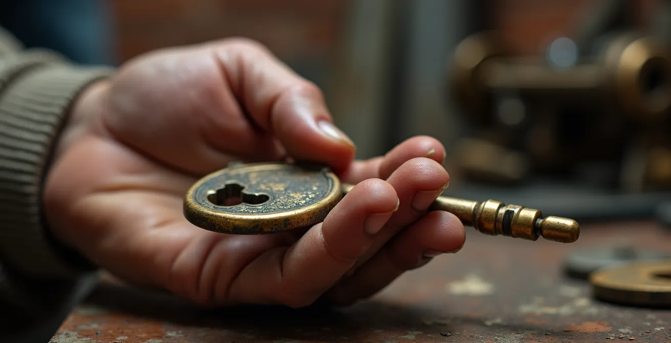 Vue macro d'une main d'artiste tenant des clés devant un atelier préservé