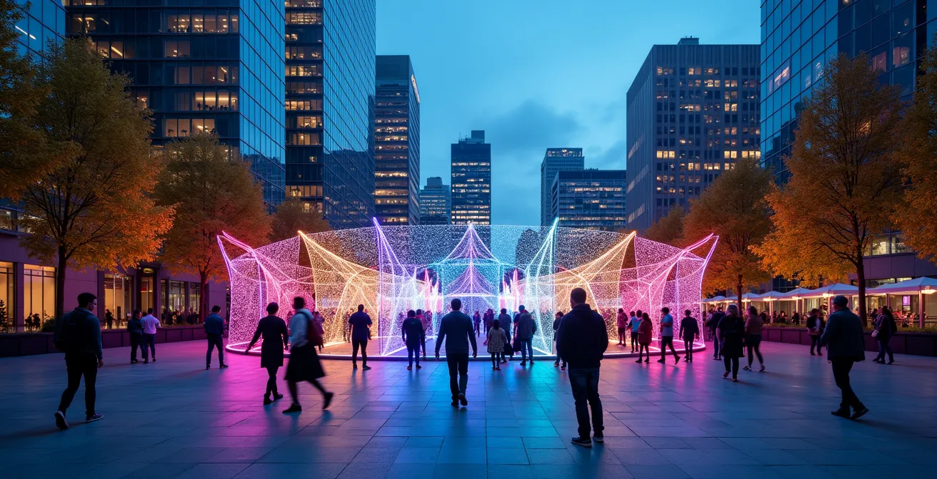 Vue nocturne du Quartier des Spectacles de Montréal avec ses installations lumineuses interactives et la foule