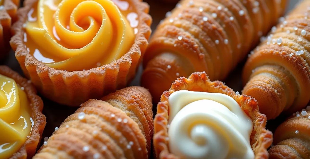 Collage artistique des spécialités culinaires des différents quartiers de Montréal avec ingrédients et textures