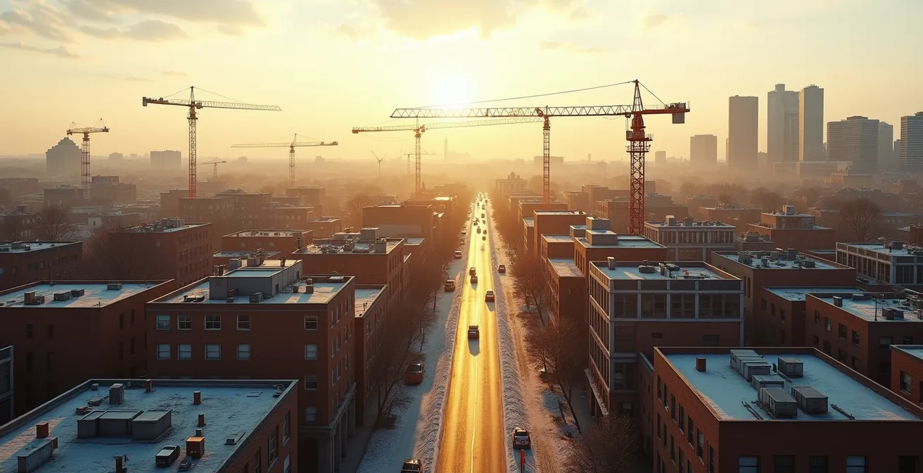 Vue minimaliste d'un quartier montréalais en transformation avec grues et nouvelles constructions