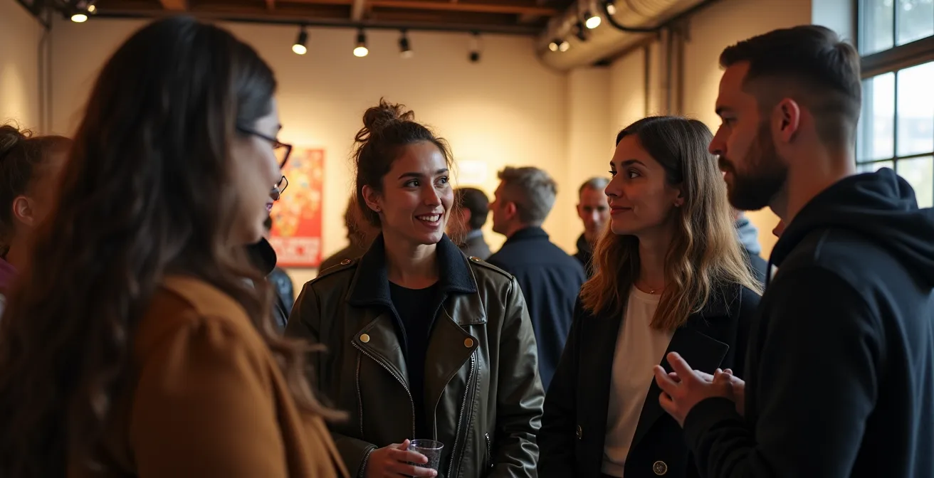 Rencontre informelle d'artistes lors d'un vernissage dans une galerie montréalaise