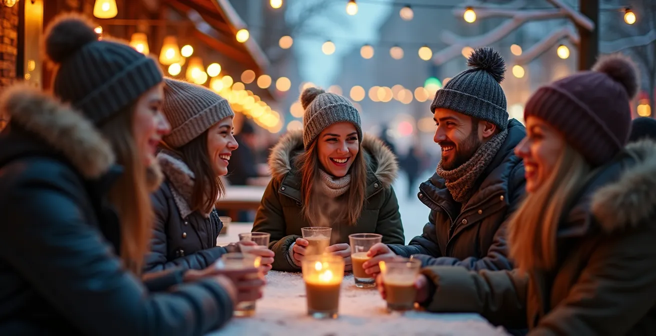 Groupe d'amis sur une terrasse enneigée de Montréal partageant un 5 à 7 hivernal