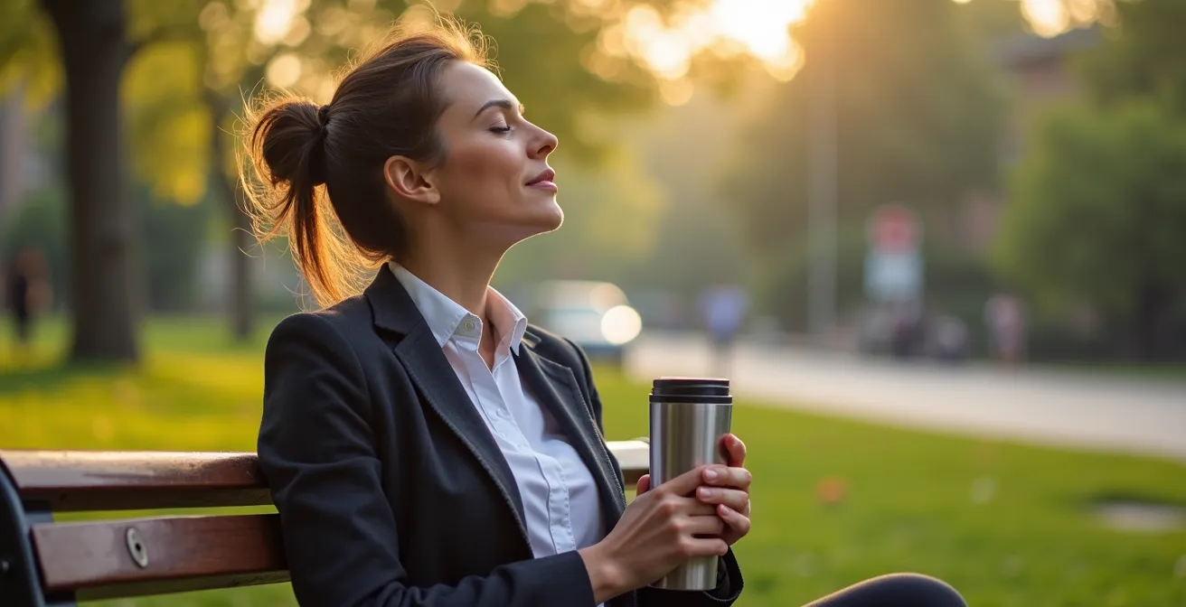 Professionnel montréalais intégrant une pause nature dans son trajet matinal avec vue sur un parc urbain accessible
