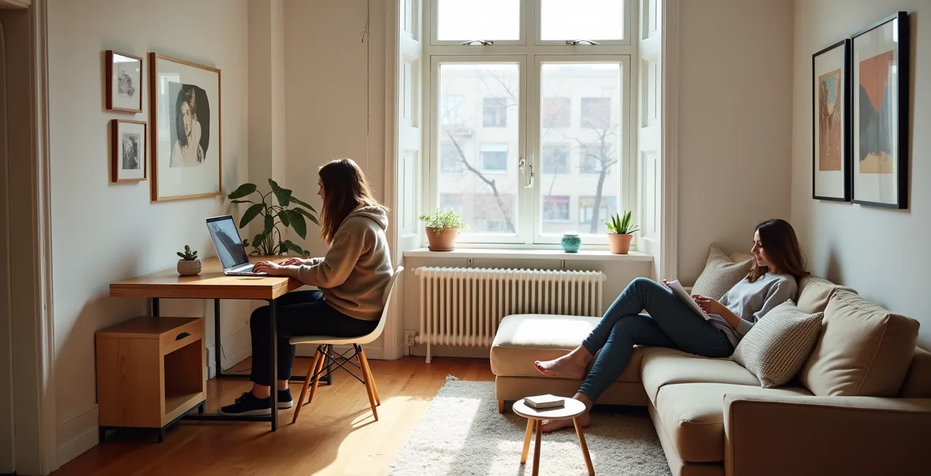 Salon double montréalais transformé en espace multifonctionnel avec bureau intégré et rangements muraux