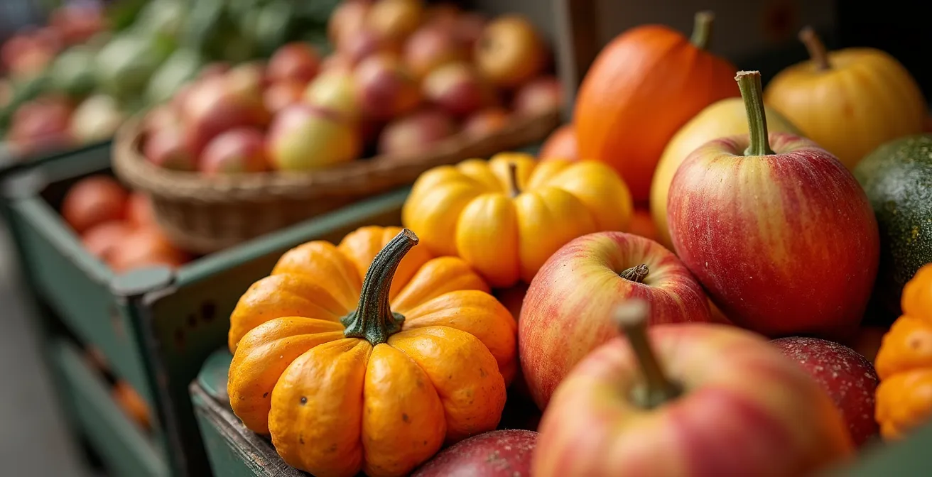 Palette de couleurs automnales au marché Jean-Talon avec produits locaux