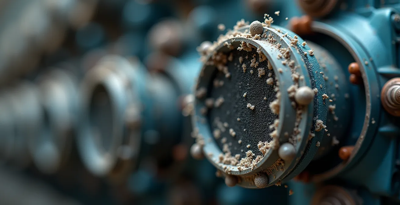 Gros plan macro sur un système de ventilation complexe montrant l'accumulation de poussière et l'usure