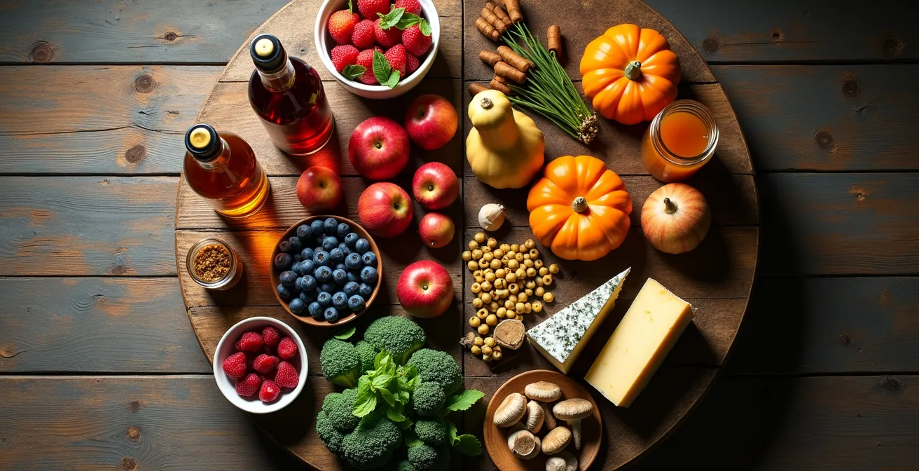 Vue aérienne d'une table divisée en quatre sections représentant les saisons avec produits québécois