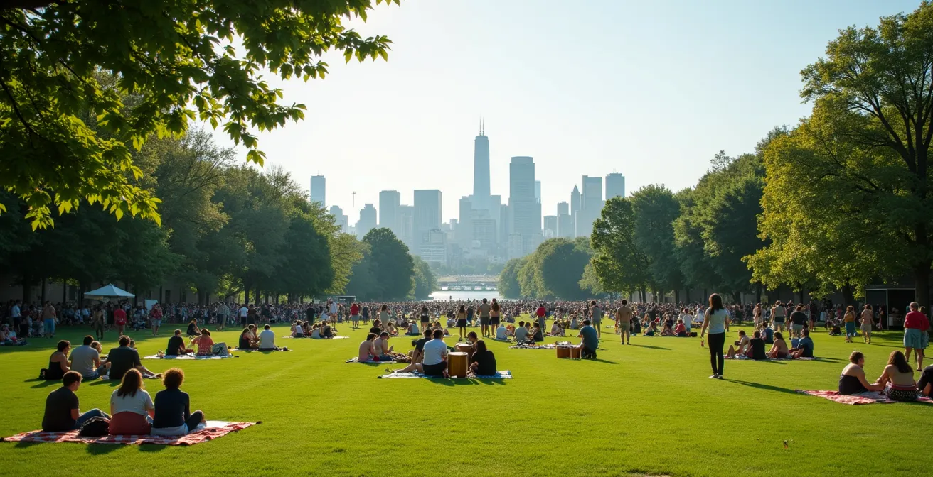 Vue large du parc du Mont-Royal un dimanche d'été avec des groupes épars de personnes jouant des percussions et socialisant sur la pelouse