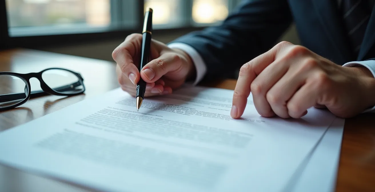 Mains d'expert consultant des documents officiels de vérification immobilière sur un bureau moderne