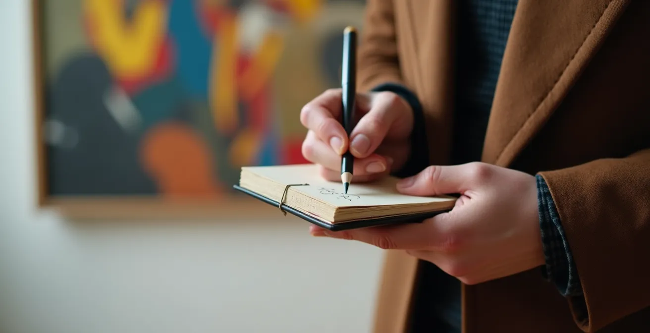 Gros plan sur les mains d'un visiteur tenant un carnet face à une œuvre d'art contemporain dans une galerie montréalaise