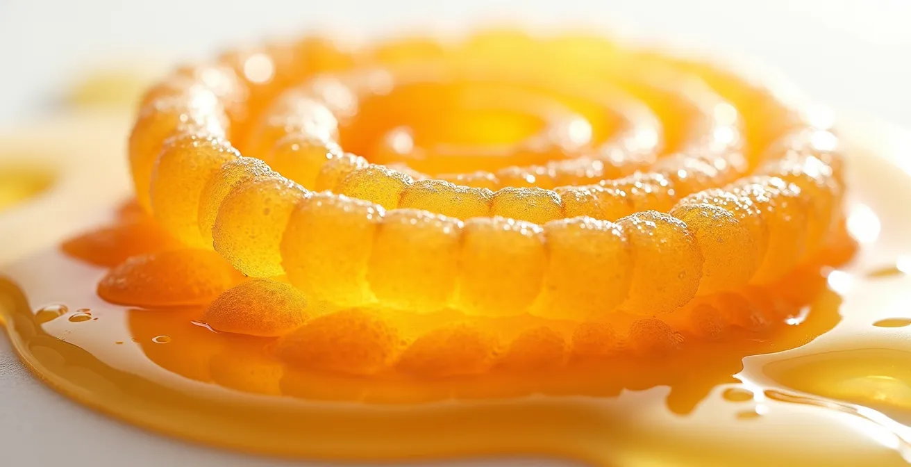 Gros plan macro sur une cuillère de tire d'érable figée en spirale dorée avec cristaux de sucre visibles et texture brillante