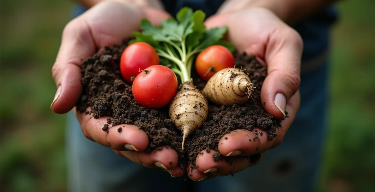 Gros plan sur des mains de producteur tenant délicatement des légumes biologiques avec de la terre