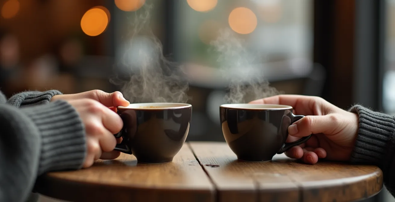 Couple en conversation profonde dans un café montréalais intimiste