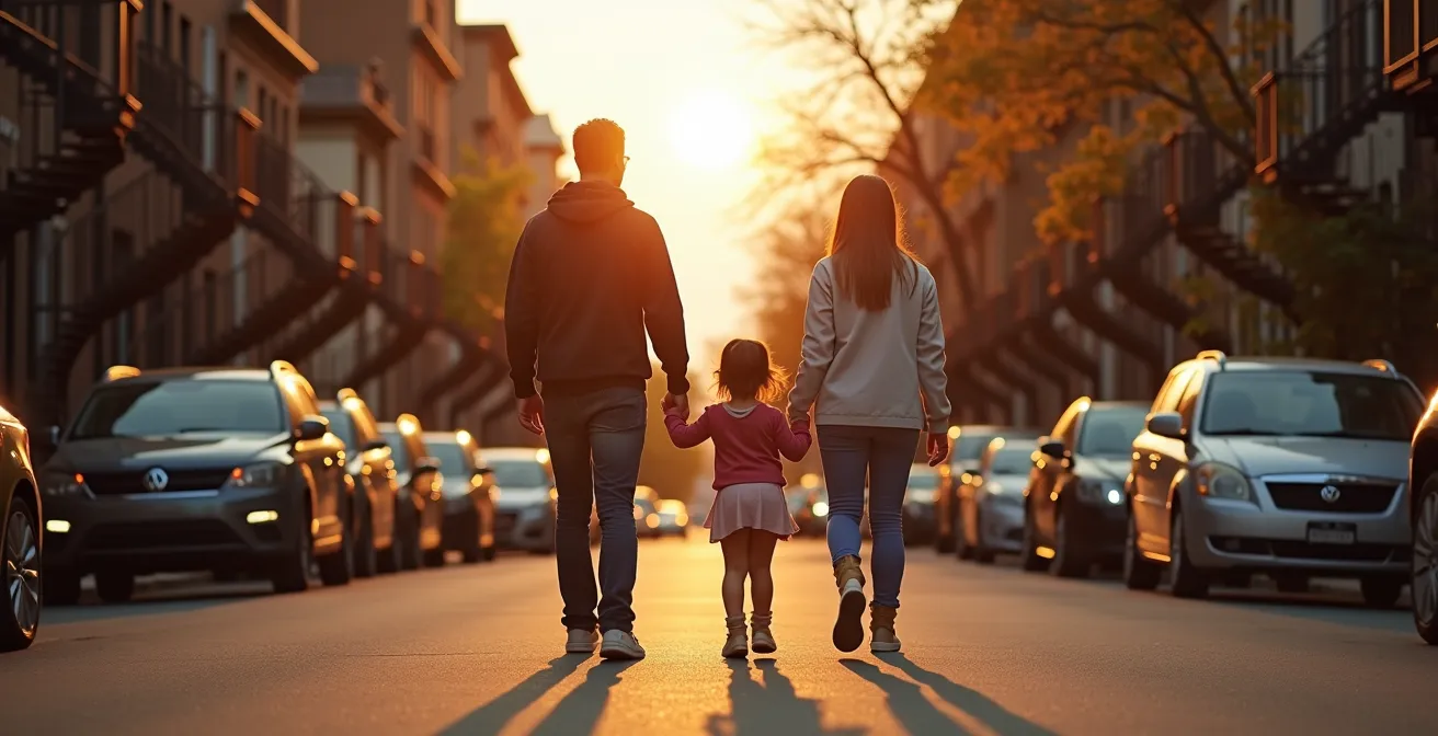 Deux couples d'amis avec enfants devant une maison montréalaise au coucher du soleil