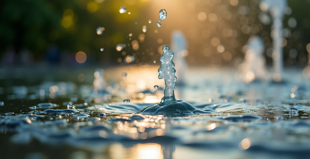 Vue macro de gouttelettes d'eau de la fontaine du Square Saint-Louis créant un effet apaisant