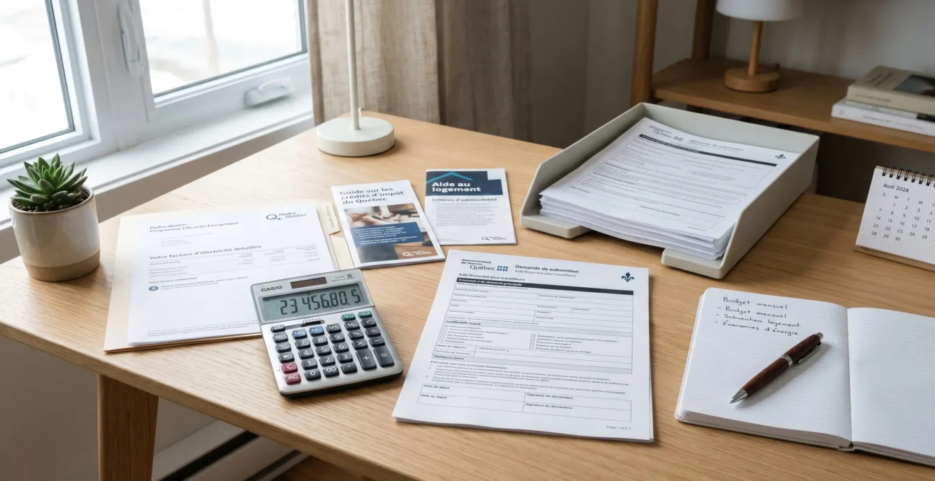 Bureau avec calculatrice et formulaires de subventions gouvernementales québécoises (RénoClimat, Hydro-Québec) disposés pour calcul de rentabilité thermopompe