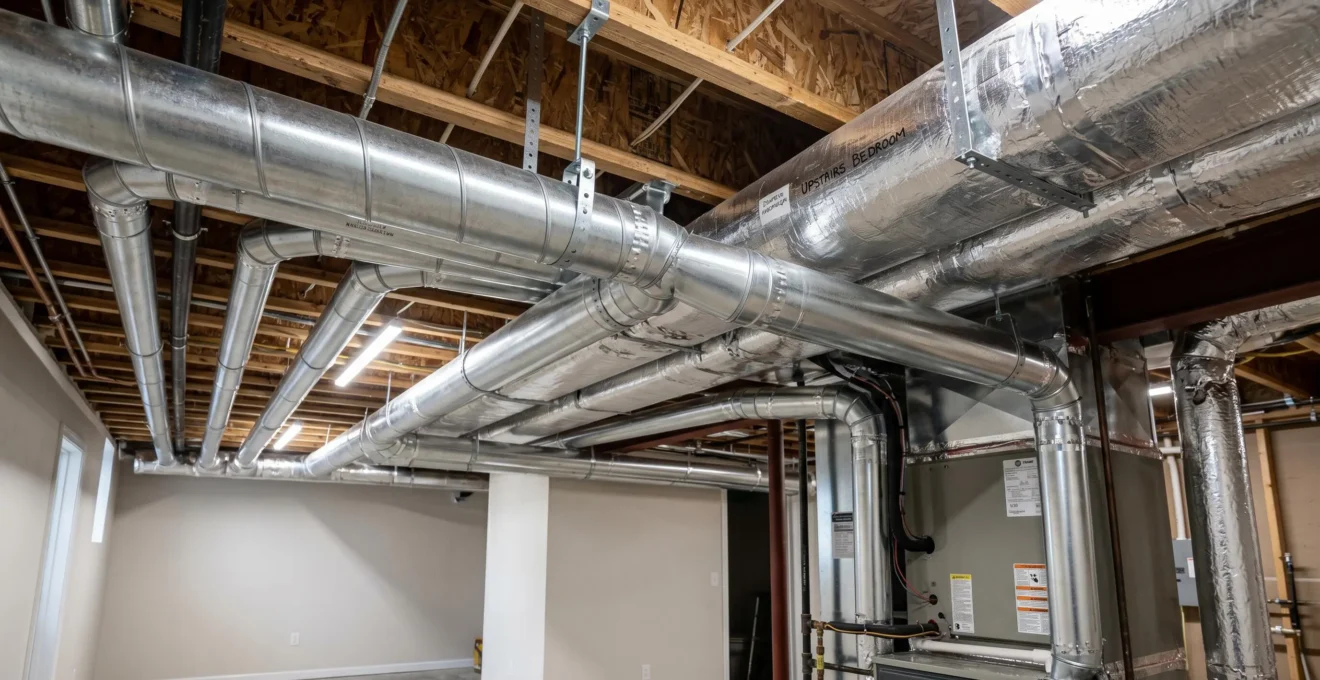 Système de distribution par conduits métalliques dans sous-sol résidentiel pour thermopompe centrale, installation professionnelle avec joints et supports conformes