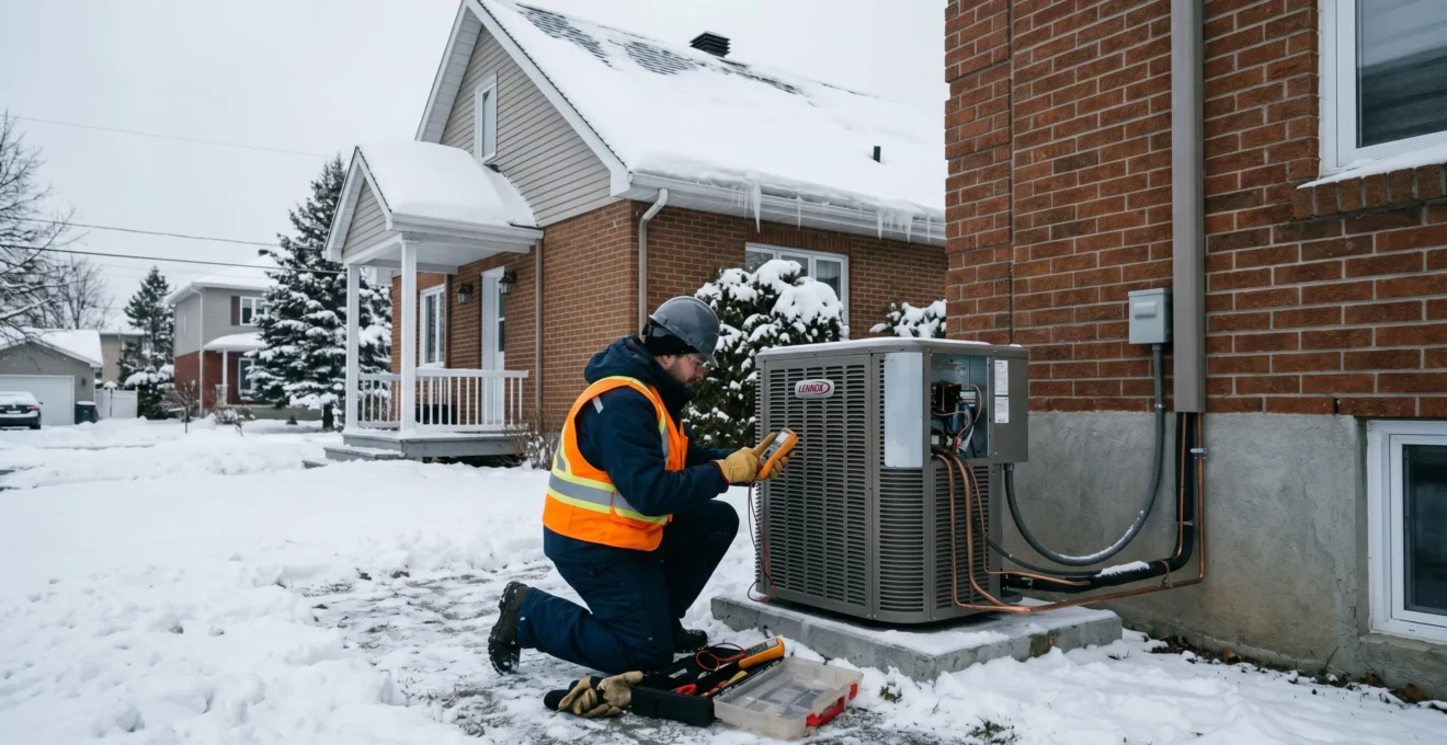 Technicien certifié effectuant l'entretien d'une thermopompe centrale extérieure en hiver québécois, avec maison résidentielle en arrière-plan couverte de neige