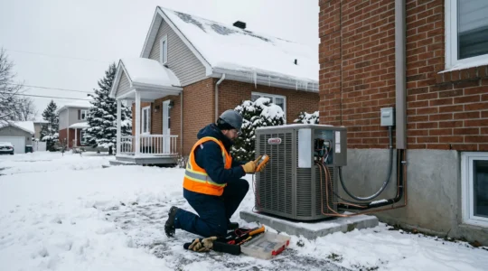 Technicien certifié effectuant l'entretien d'une thermopompe centrale extérieure en hiver québécois, avec maison résidentielle en arrière-plan couverte de neige